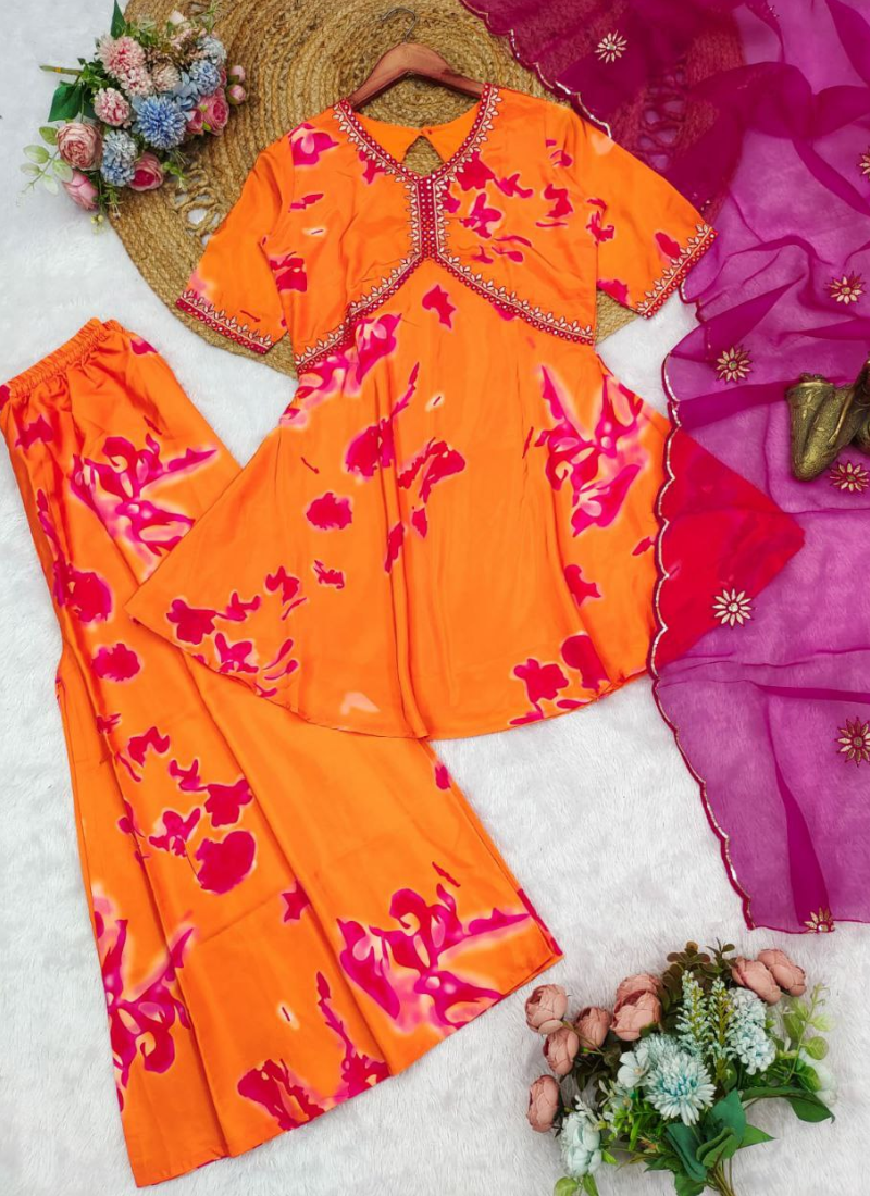 French Crepe Sharara Suit with Digital Print & Embroidered Neckline