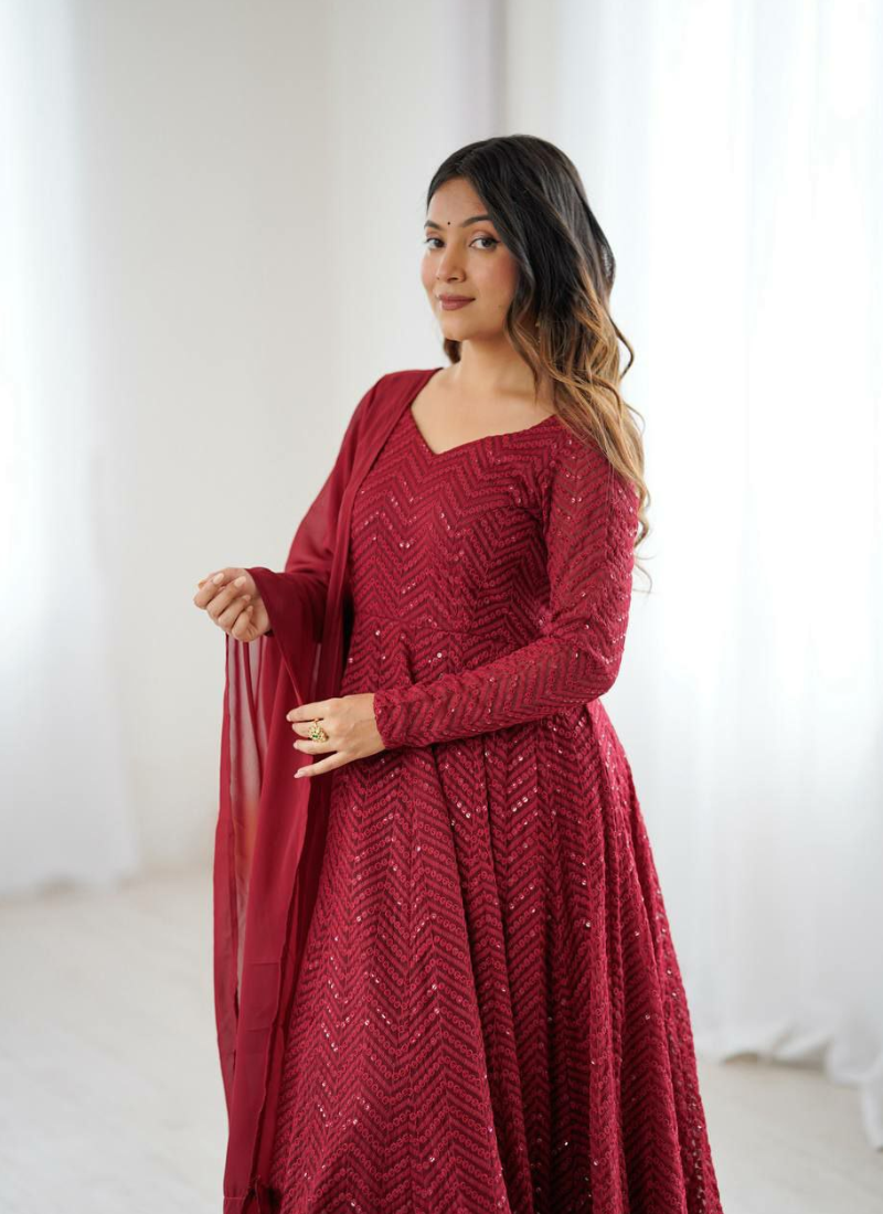 Fox Georgette Lucknowi Anarkali Gown with Sequins & Ruffle Dupatta