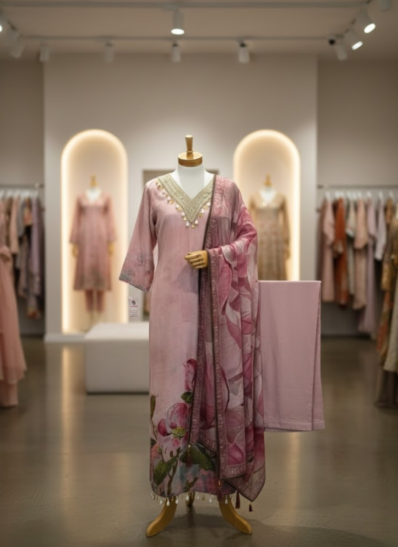 Light Pink Salwar Kameez with Embroidery & Printed Dupatta