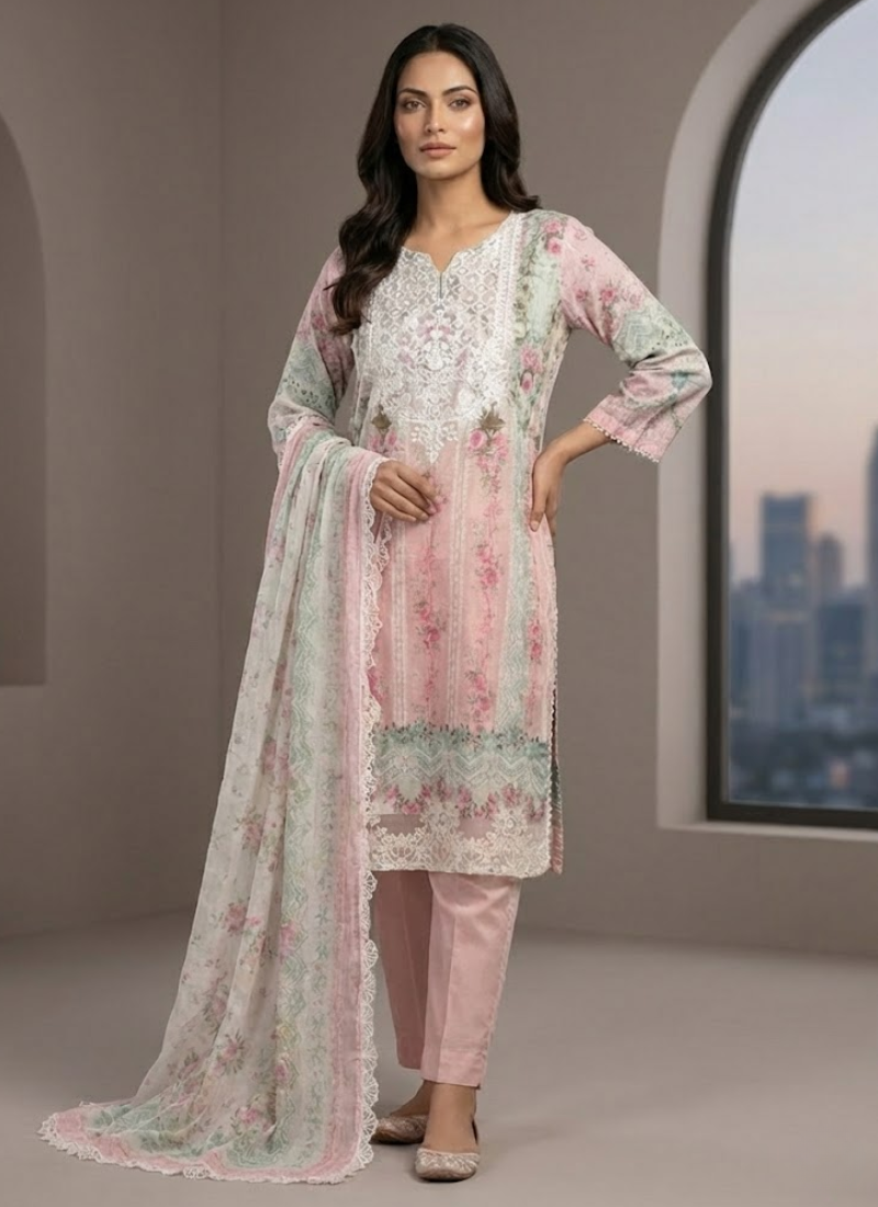 Ash lawn cotton salwar kameez with chiffon dupatta, lace sleeves, embroidery, tassels, and premium detailing.