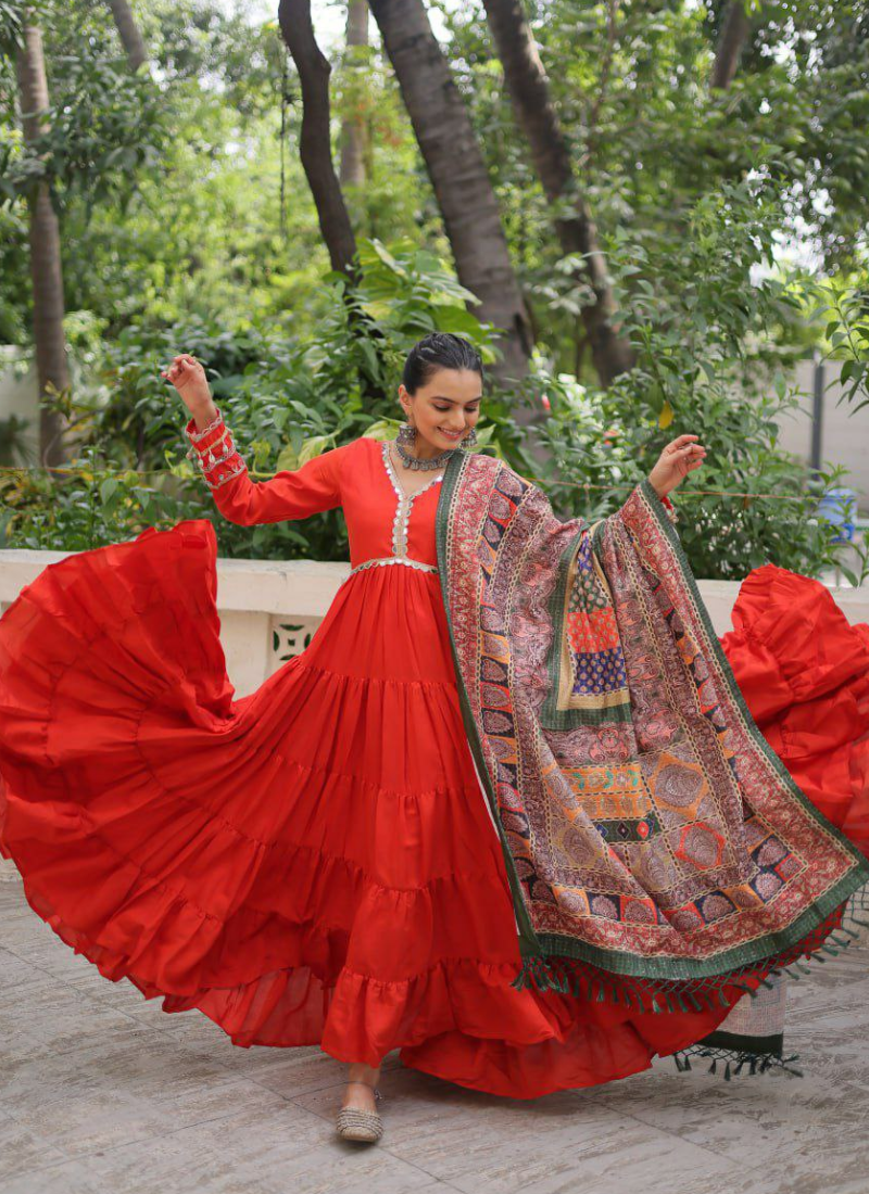 Roman Fabric Anarkali Gown with Mirror Lace & Maslin Dupatta (Sizes L–Free Fit) Australia