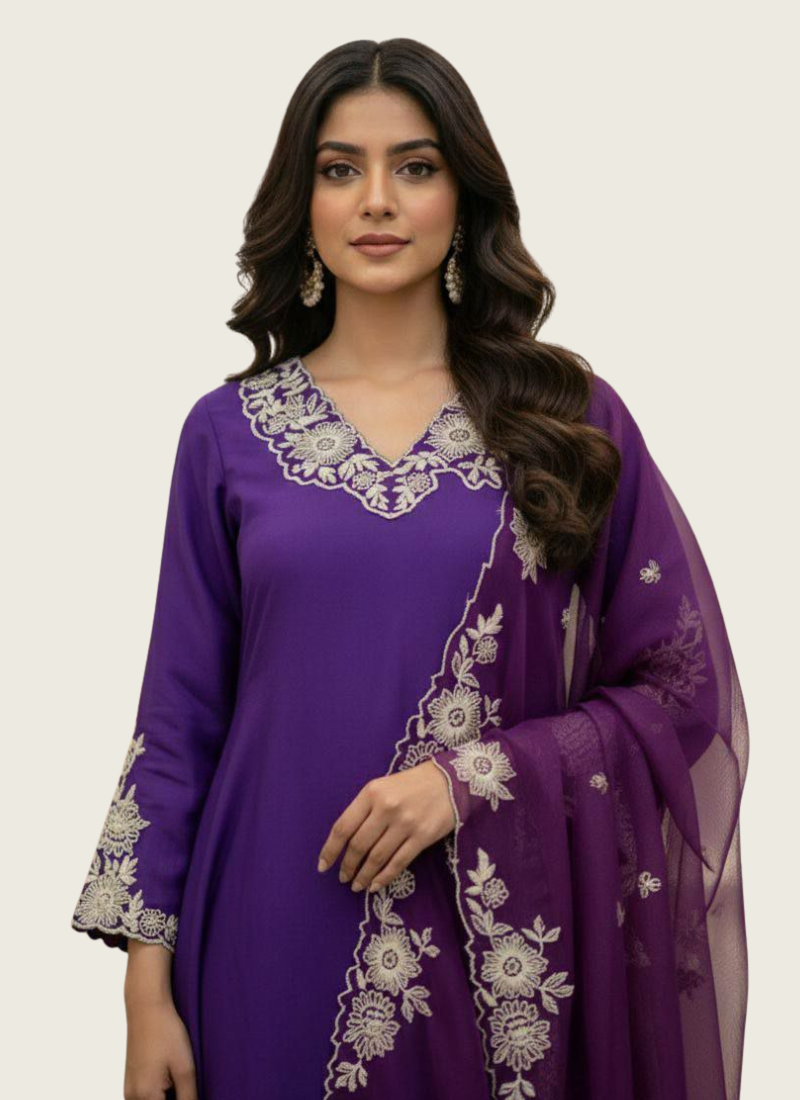 Punjabi Suit in Roman Silk with Embroidery Work + Organza Dupatta
