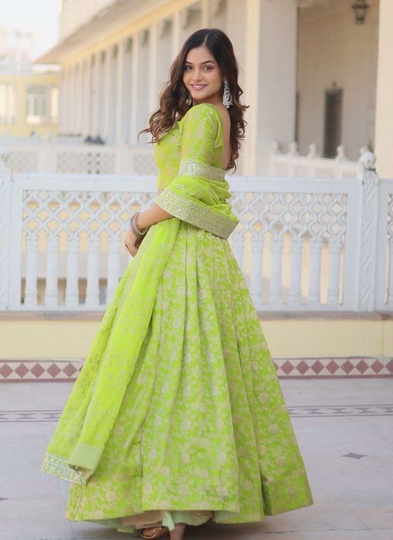 Green Viscose Jacquard Lehenga Choli with Sequins Embroidery + Silk Dupatta