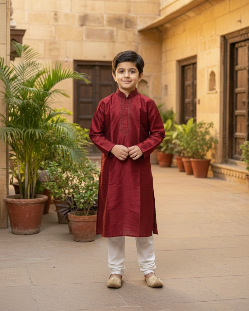 Kids Maroon Raw Silk Kurta with White Cotton Pyjama