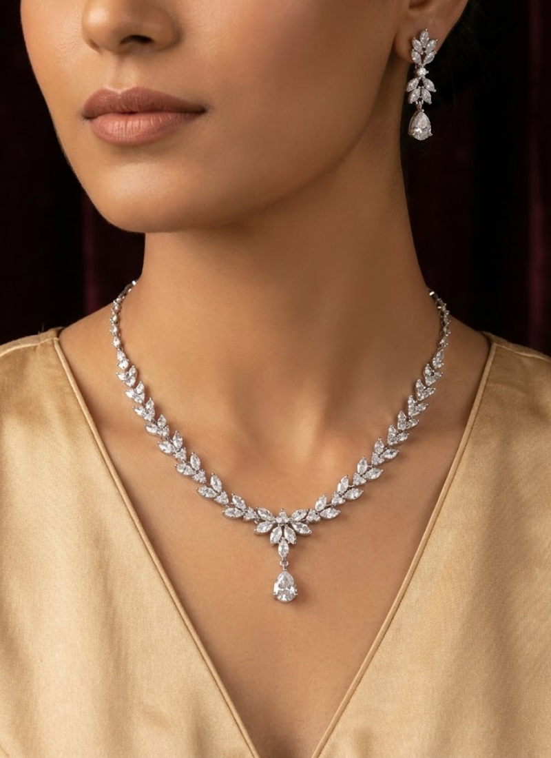 Elegant necklace set with earrings featuring diamond cut stones, partywear bridal jewelry for women.