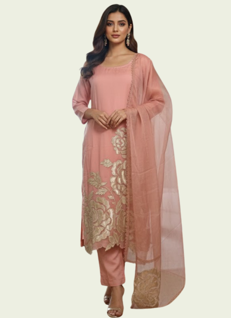 Peach Pink Silk Organza Salwar Kameez with Cut Work Dupatta