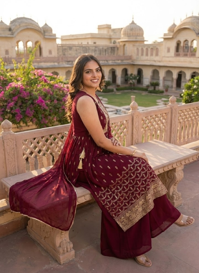 Georgette Sharara/Gharara Salwar Suit - Embroidery & Dupatta