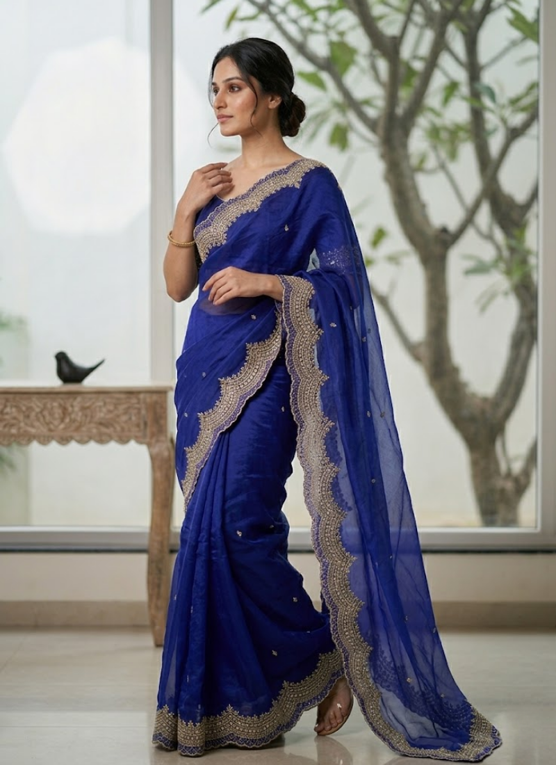 Fendy Satin Silk Saree – Gold Embroidery with Pearl Detailing & Matching Blouse