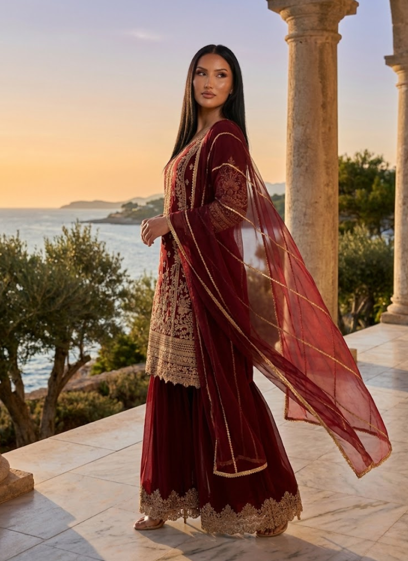Faux Georgette Palazzo Suit with Sequins Embroidery + Dupatta