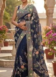 Black Maslin Saree with Floral Embroidery 3