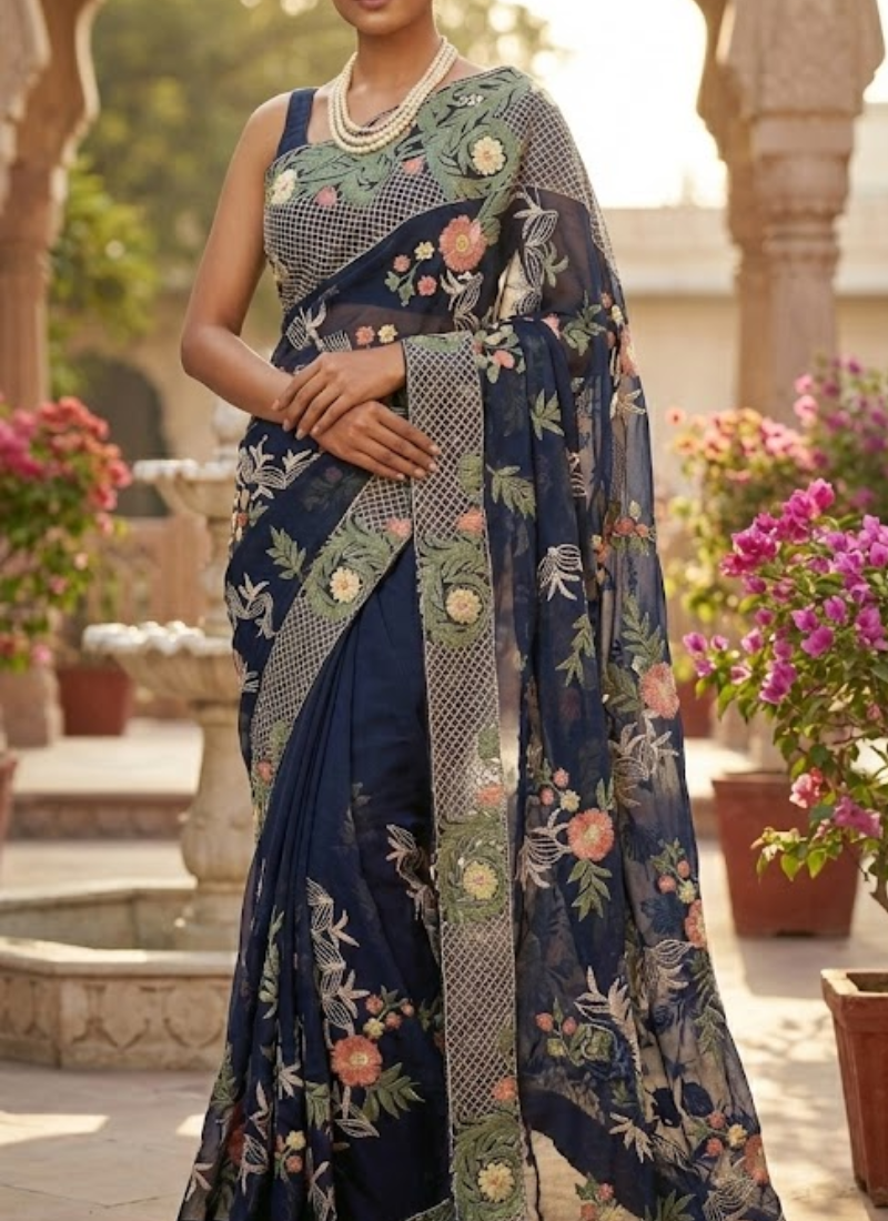 Black Maslin Saree with Floral Embroidery