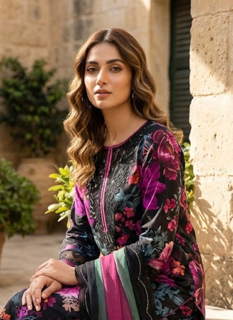 Pakistani lawn cotton salwar kameez with chiffon dupatta, lace sleeves, embroidery, tassels, and premium detailing.