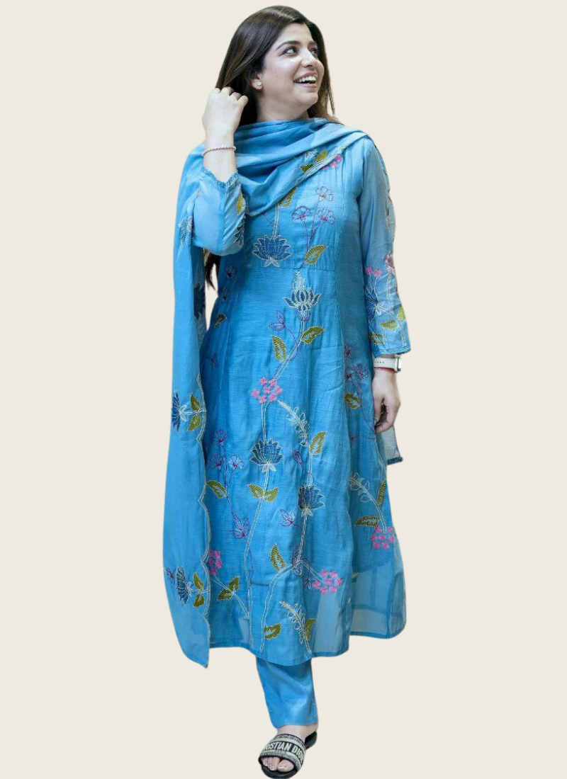 Blue Punjabi Suit in Chanderi Cotton with Embroidery + Dupatta