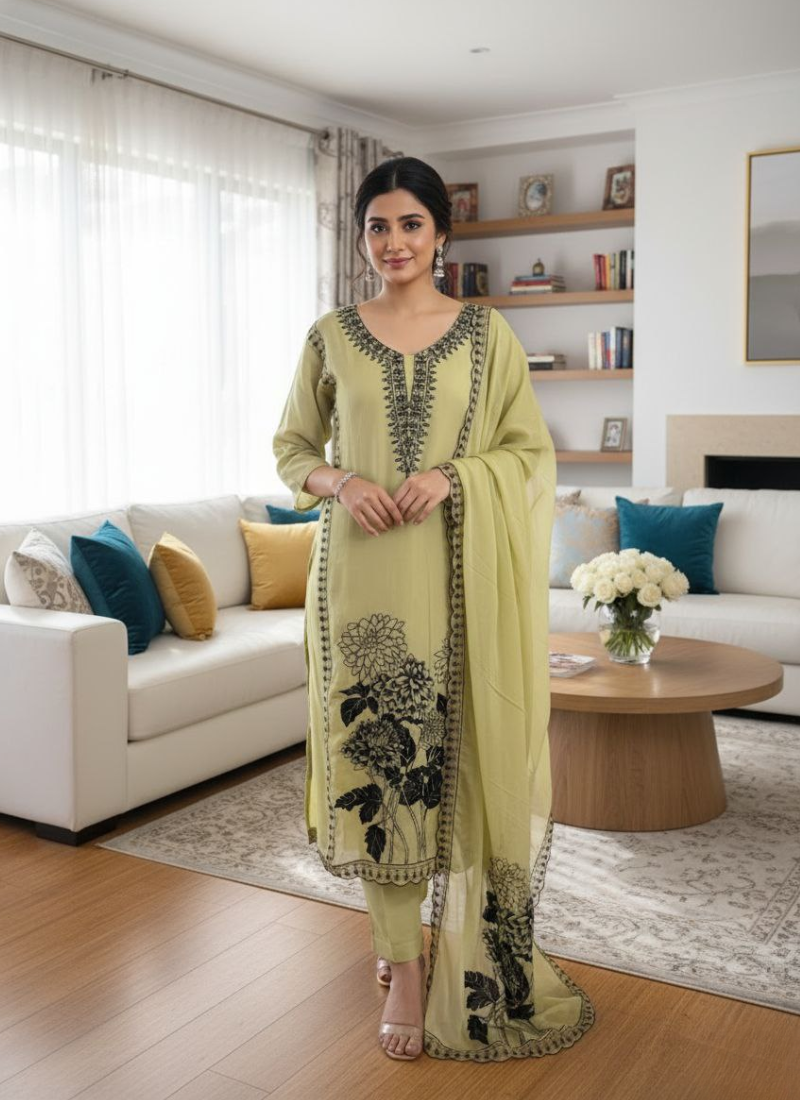 Light Lemon Maslin Salwar Suit with Black Thread Embroidery
