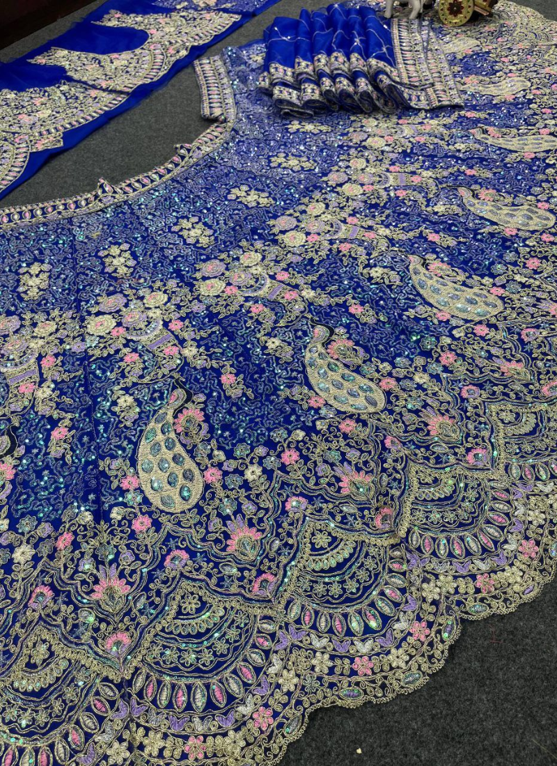 Royal Blue Butterfly Net Lehenga Choli with Sequins & Coding Embroidery + Dupatta