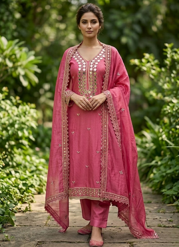 Pink Silk Salwar Suit with Mirror Work