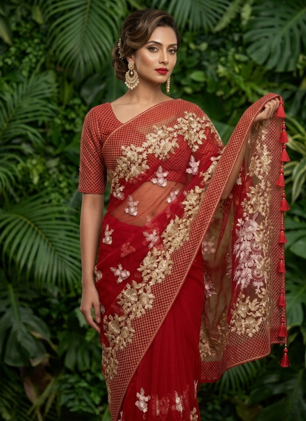 Pure Maslin Saree with Embroidery &amp; Matching Blouse Piece