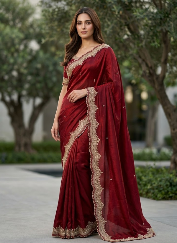 Fendy Satin Silk Saree – Gold Embroidery with Pearl Detailing & Matching Blouse, designer silk sarees Perth