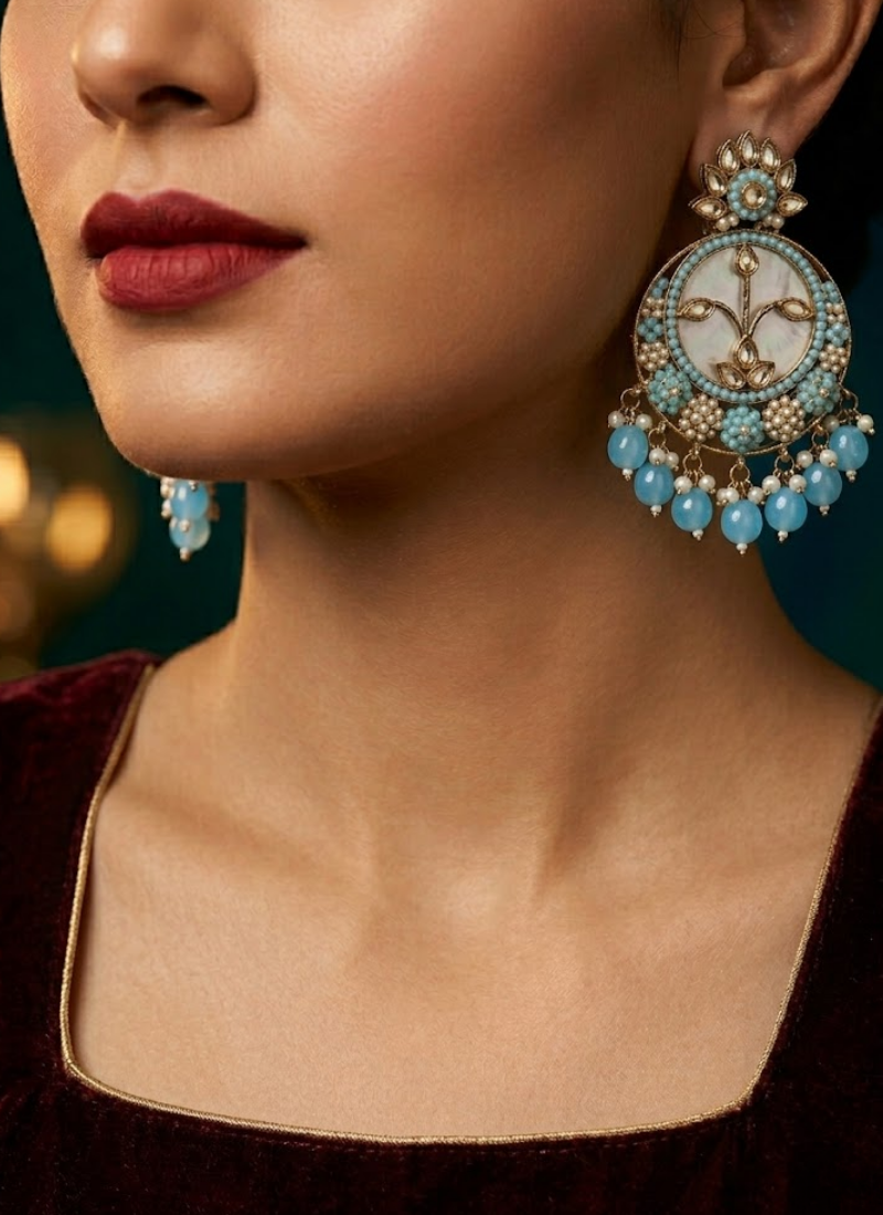 Sky Blue Kundan Chandbali with Moti Work - View 6