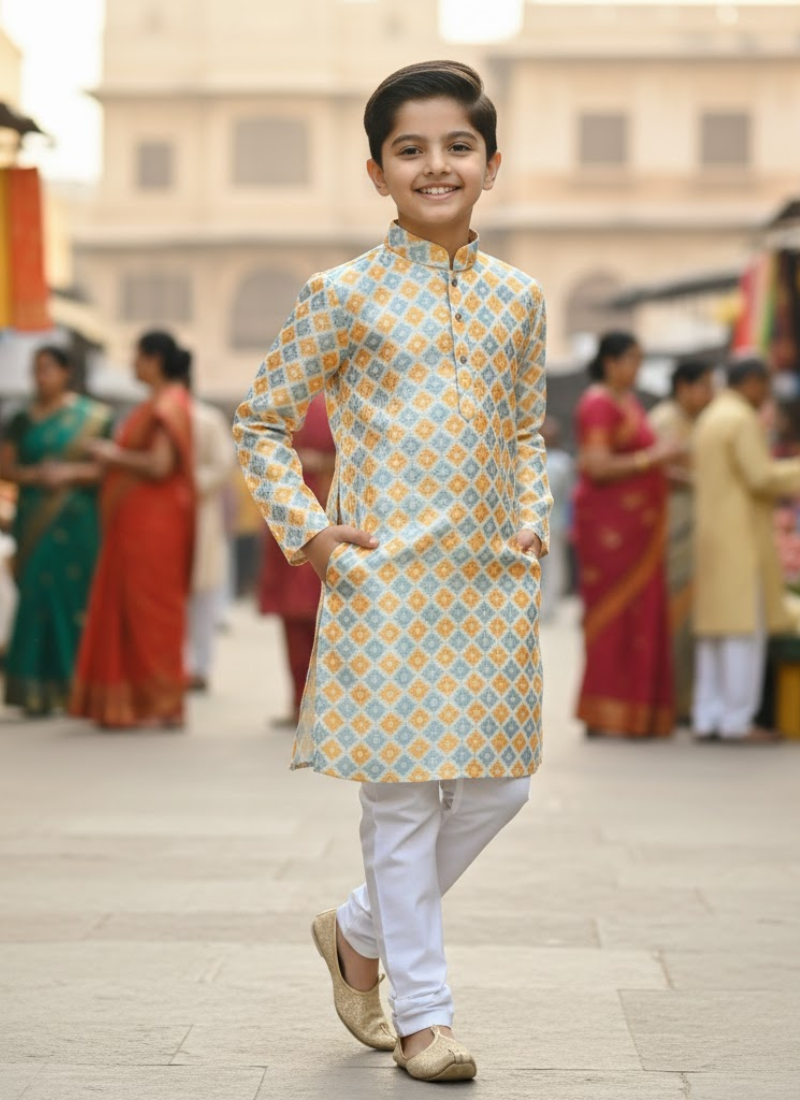 Kids Kurta Pajama – Multicolor Silk Kurta with White Cotton Pyjama