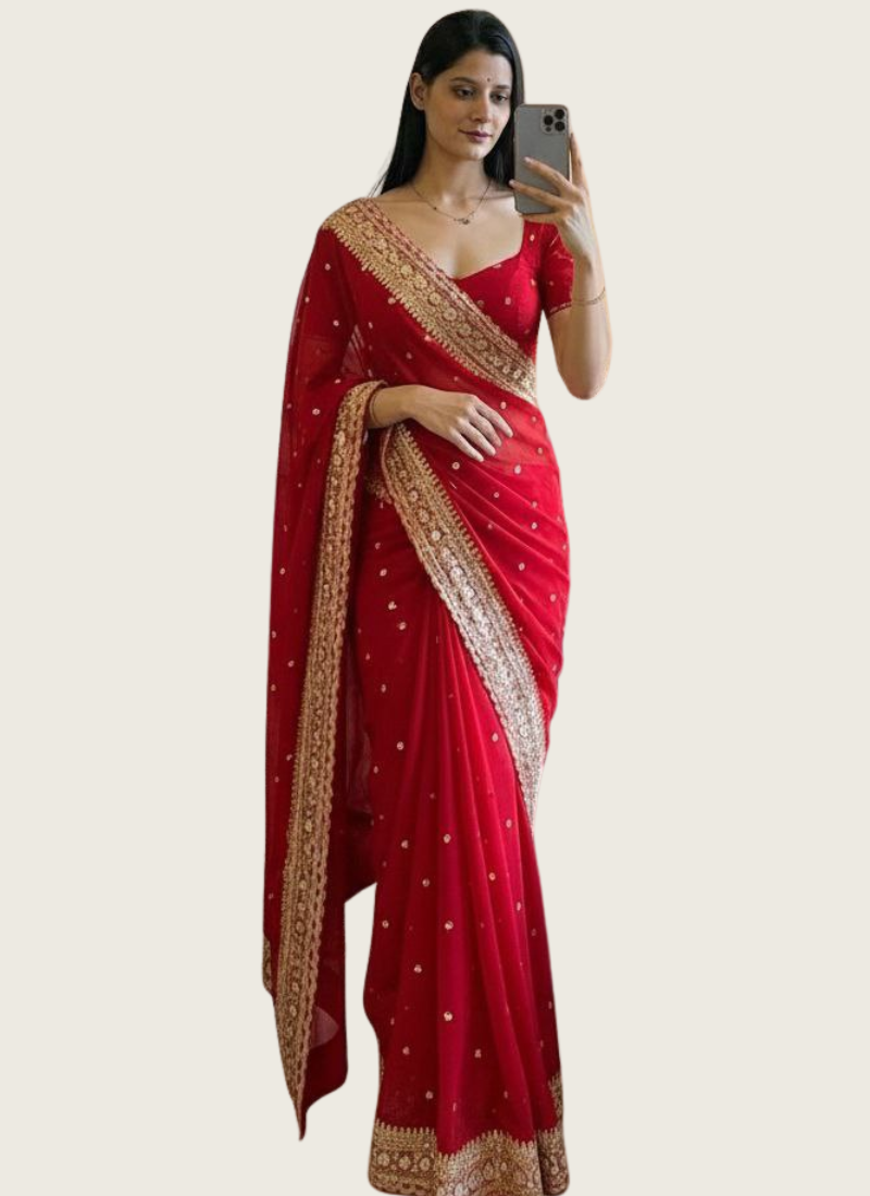 Pure Georgette Saree with Sequins & Dori Embroidery Border + Blouse Fabric Australia