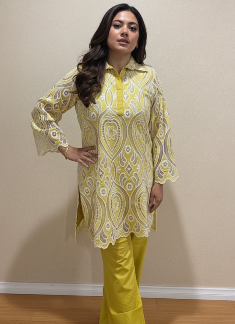 Yellow Silk Chikankari Co-Ord Set with Divider Bottom - View 2