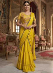 Premium Chinon Silk Lehenga Saree with Ruffles & Embroidered Blouse 3