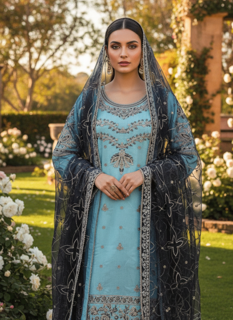 Pakistan Salwar Suit – Light Blue & Navy with Embroidery