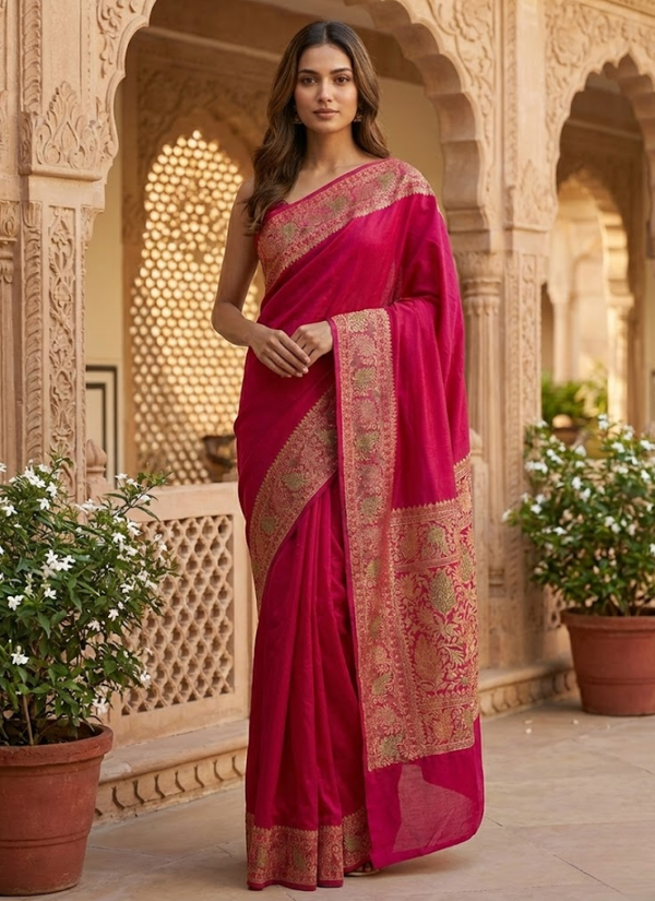 Magenta Color Banarasi Silk Saree – Mina Work with Blouse Piece