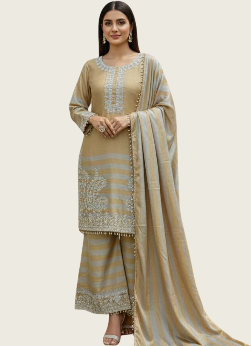 Velvet Embroidered Palazzo Suit with Twill Net Dupatta