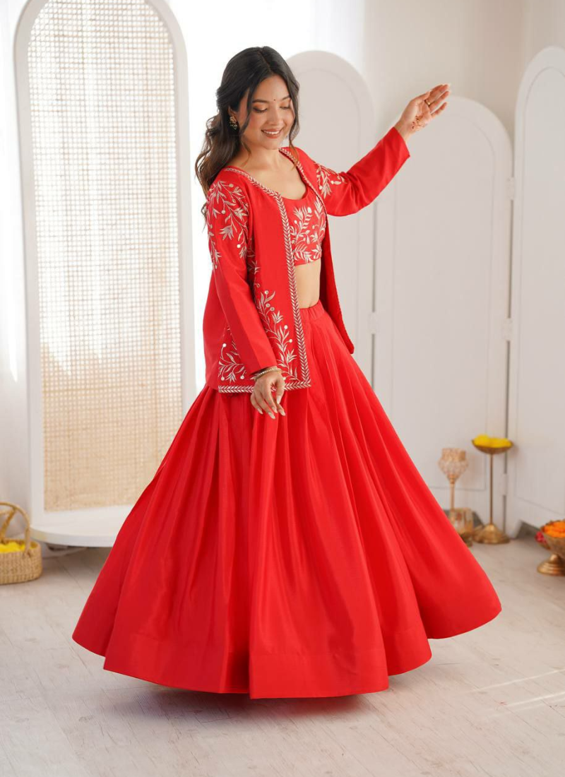 Chinon Silk Lehenga Set with Embroidered Koti