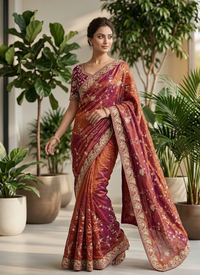 Space Silk Saree – Sequin & Zari Embroidery with Matching Blouse