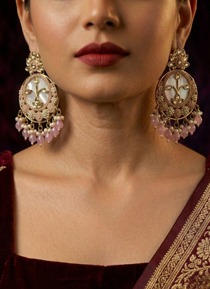 Kundan Chandbali Earrings with Moti Work - View 5