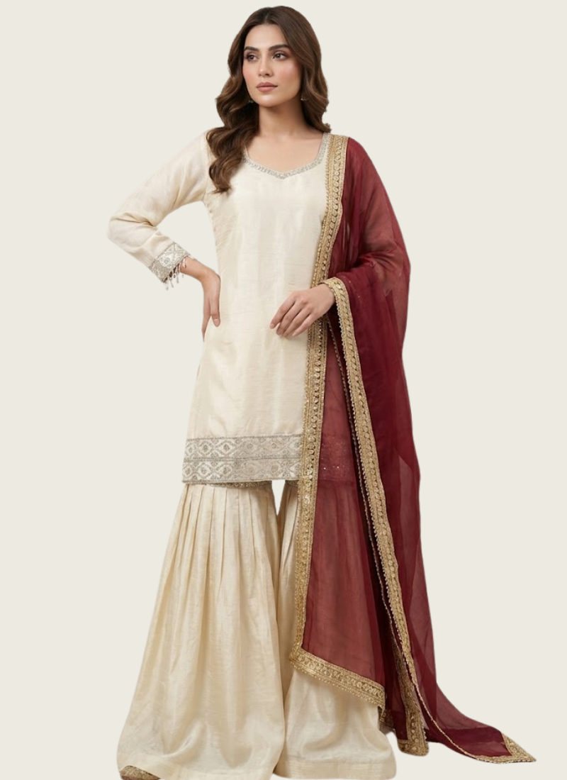 Chinon Sharara Suit with Sequins Embroidery + Silk Dupatta Australia