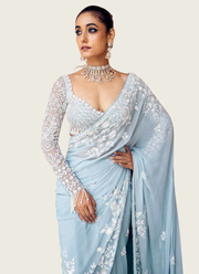 Baby Blue Georgette Saree with Thread Embroidery & Sequins Work + Blouse Piece 2