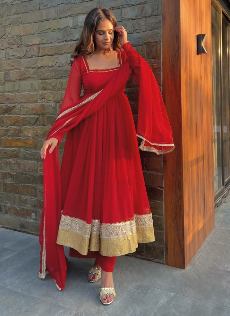 Red Anarkali Gown in Heavy Faux Blooming with Plazzo & Dupatta