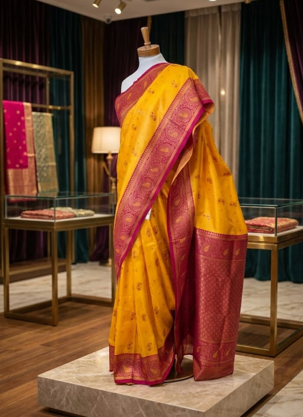 Bright Yellow Katan Silk Saree – Mina Work