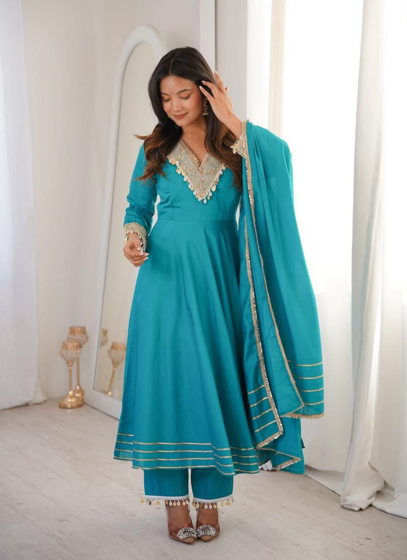 Roman Fabric Gown Set with Dupatta – Embroidery & Lace