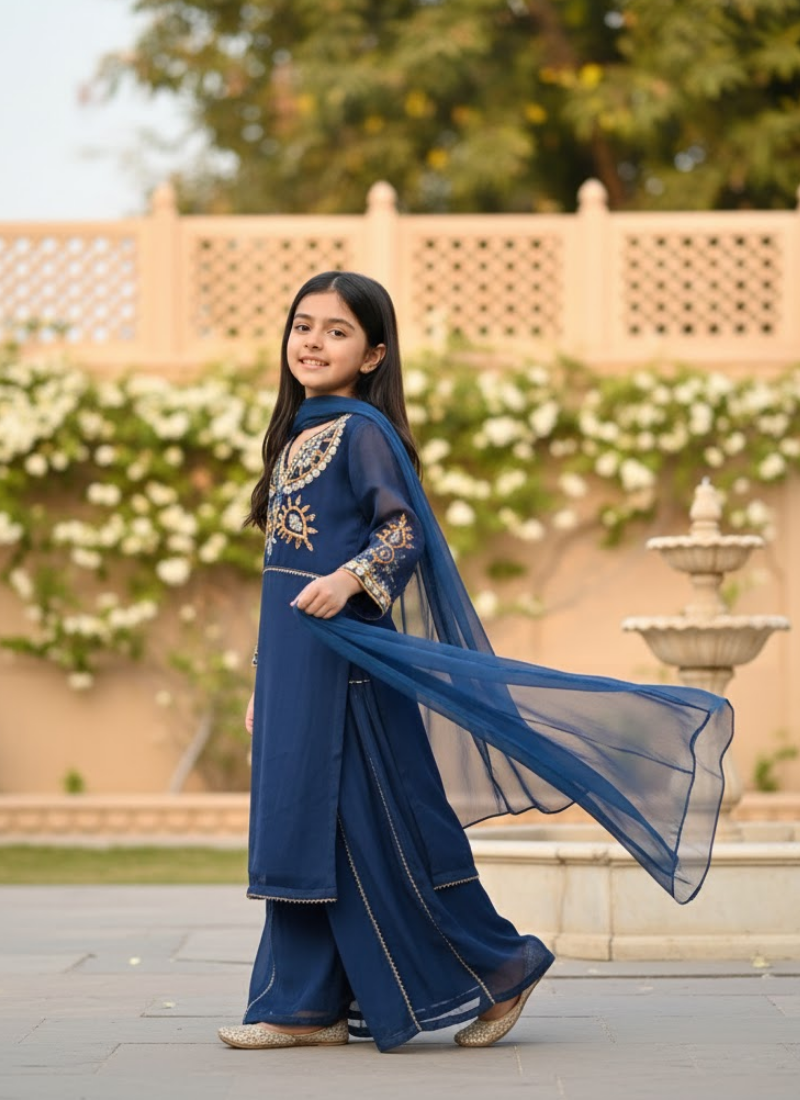 Teal Blue Chiffon Kids Sharara Suit – Festive Flair