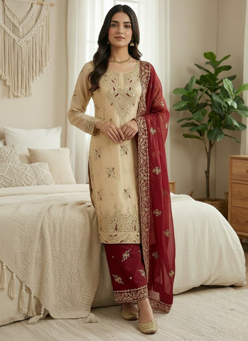 GMY Silk Palazzo Suit with Heavy Sequins Embroidery + Dupatta