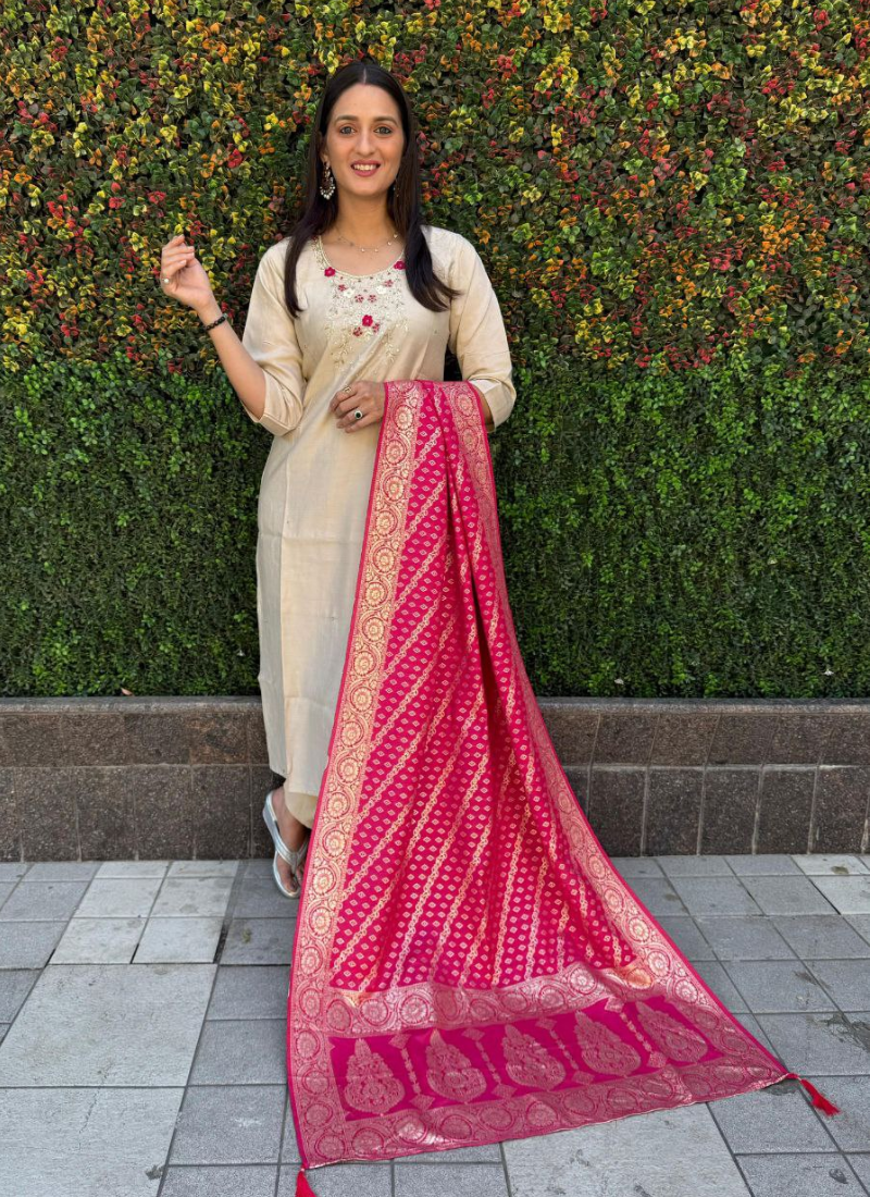 Cream Roman Silk Punjabi Suit with Handwork & Jacquard Dupatta