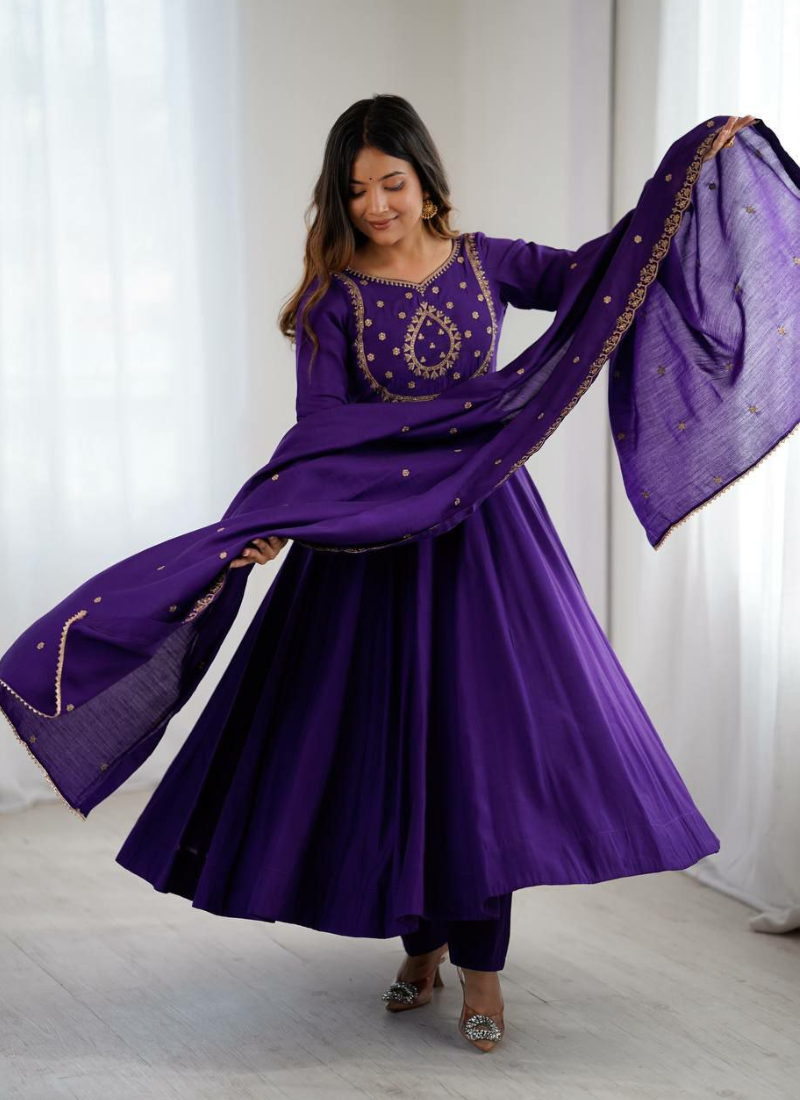 Anarkali Suit in Roman Chanderi Silk with Beads Handwork & Embroidered Dupatta