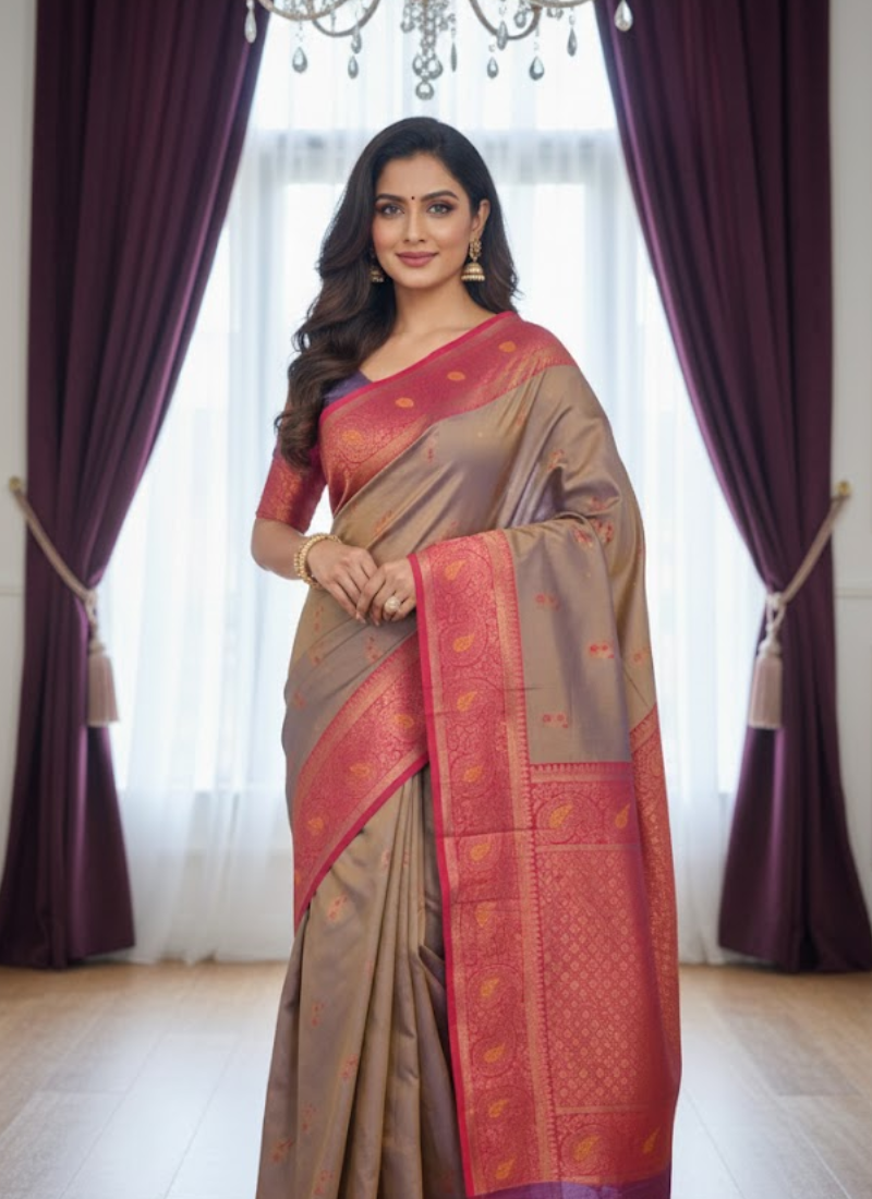 Bronze Gold Katan Silk Saree – Dual Tone