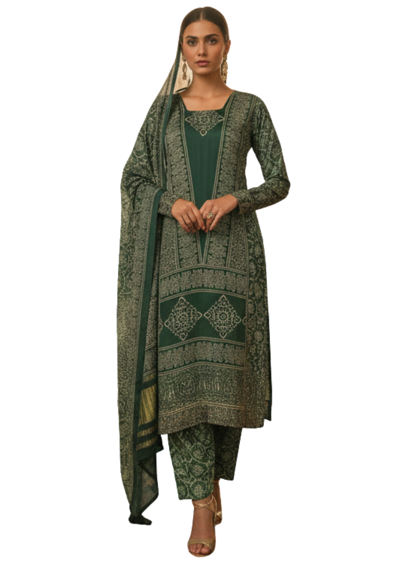 Green Ajrak Salwar Kameez – Pure Modal Fabric with Jari Border Dupatta