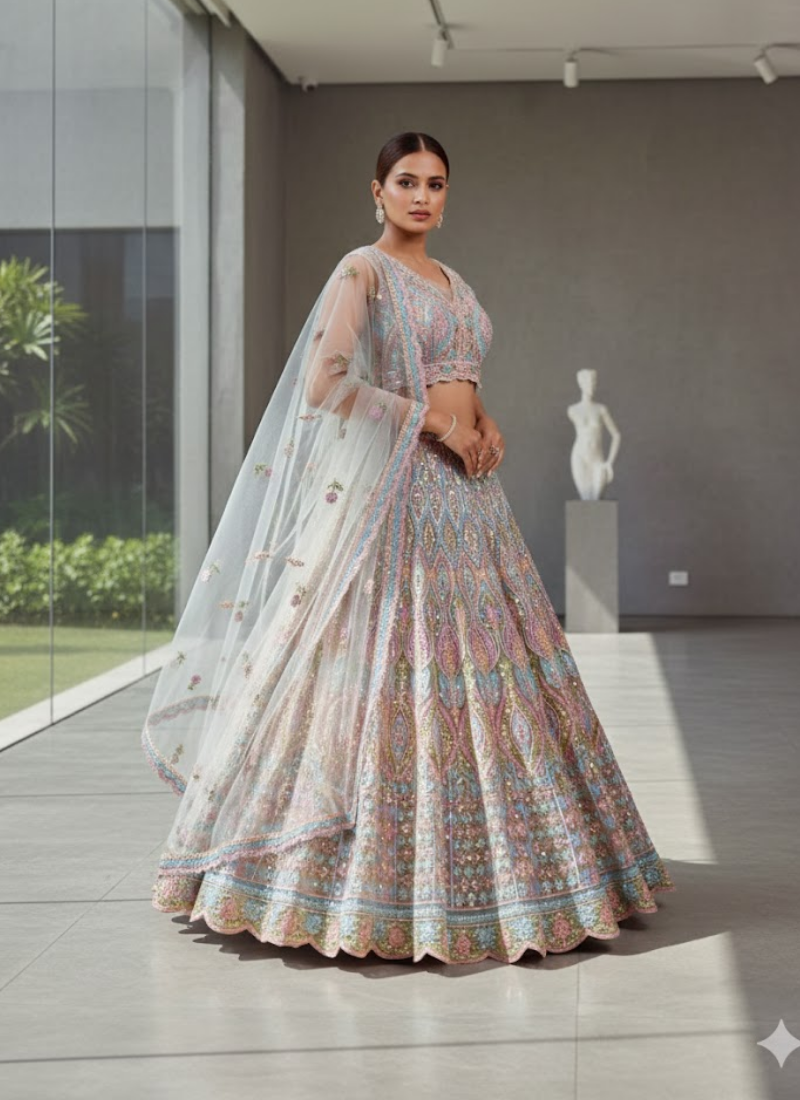Soft Net Lehenga Choli with Mirror Embroidery
