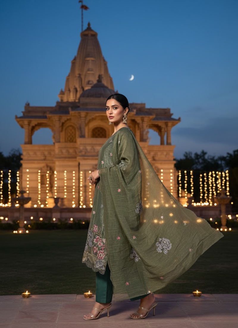Crepe Silk Salwar Suit – Green with Floral Embroidery