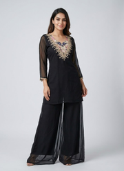Black Organza Co‑Ord Set with Palazzo, Digital Print Blouse + Mirror Work Top 4