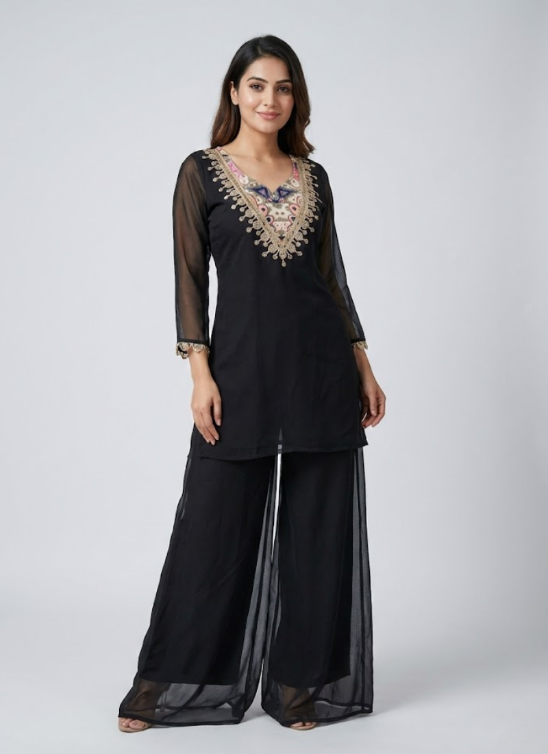Black Organza Co‑Ord Set with Palazzo, Digital Print Blouse + Mirror Work Top