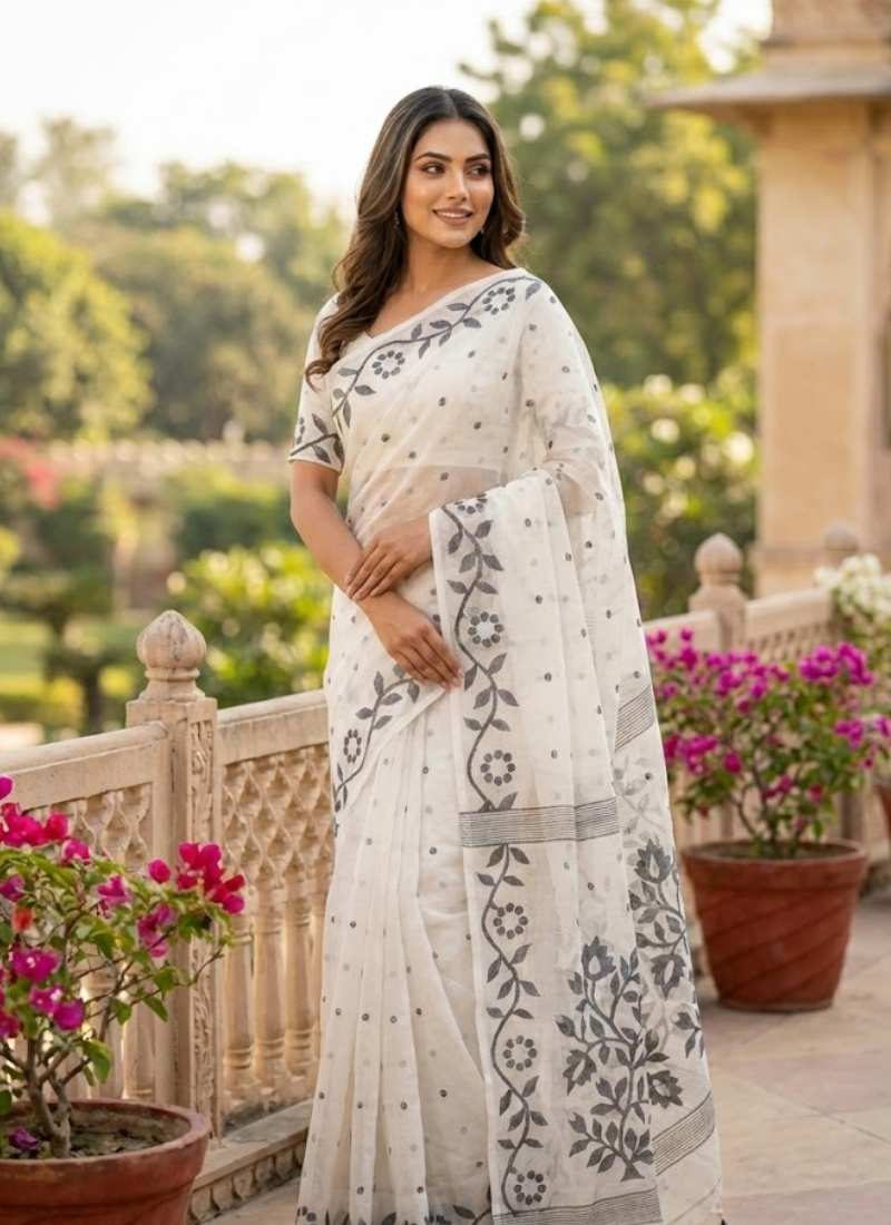 Black & White Tantuz Saree in Maslin Blend
