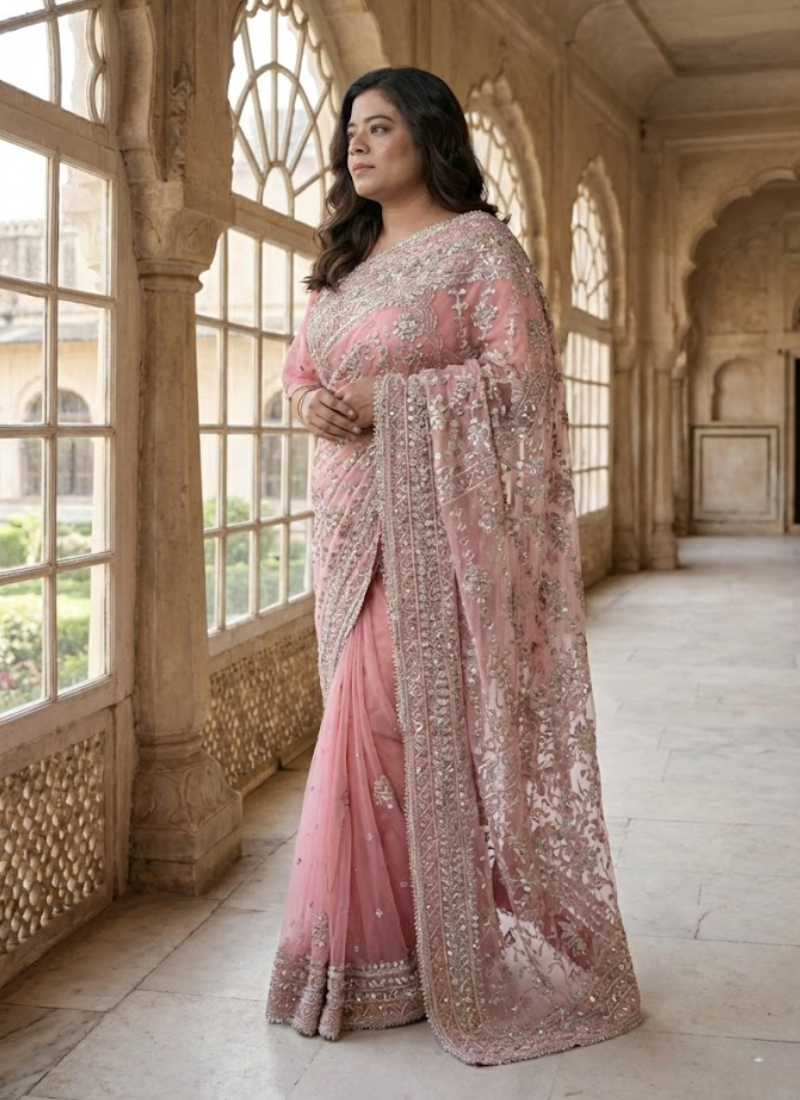 Pink Gotapatti Saree with Handmade Embroidery + Stitched Blouse & Petticoat